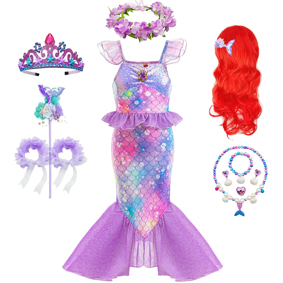 Mermaid Purple Princess Dresses For Girls Fish Patterned Printing Fishtail Costume Halloween Carnival Party Clothes Elegant Gown