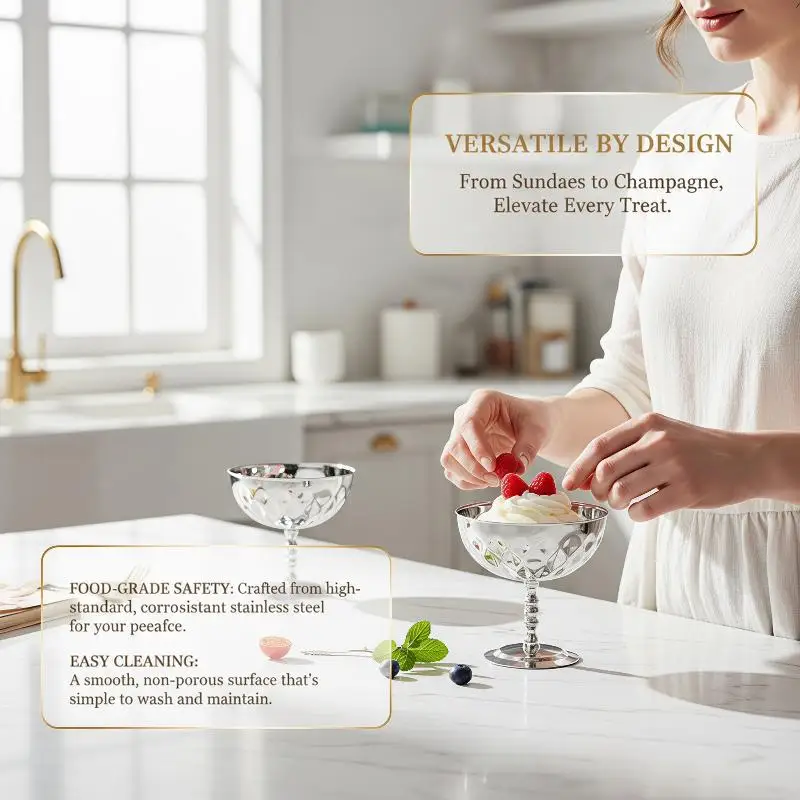Stainless Steel Multi-use Goblet Shatter Resistant Easy Wash Bowl for Ice Cream Dessert Salad Fruit Snack Home Use