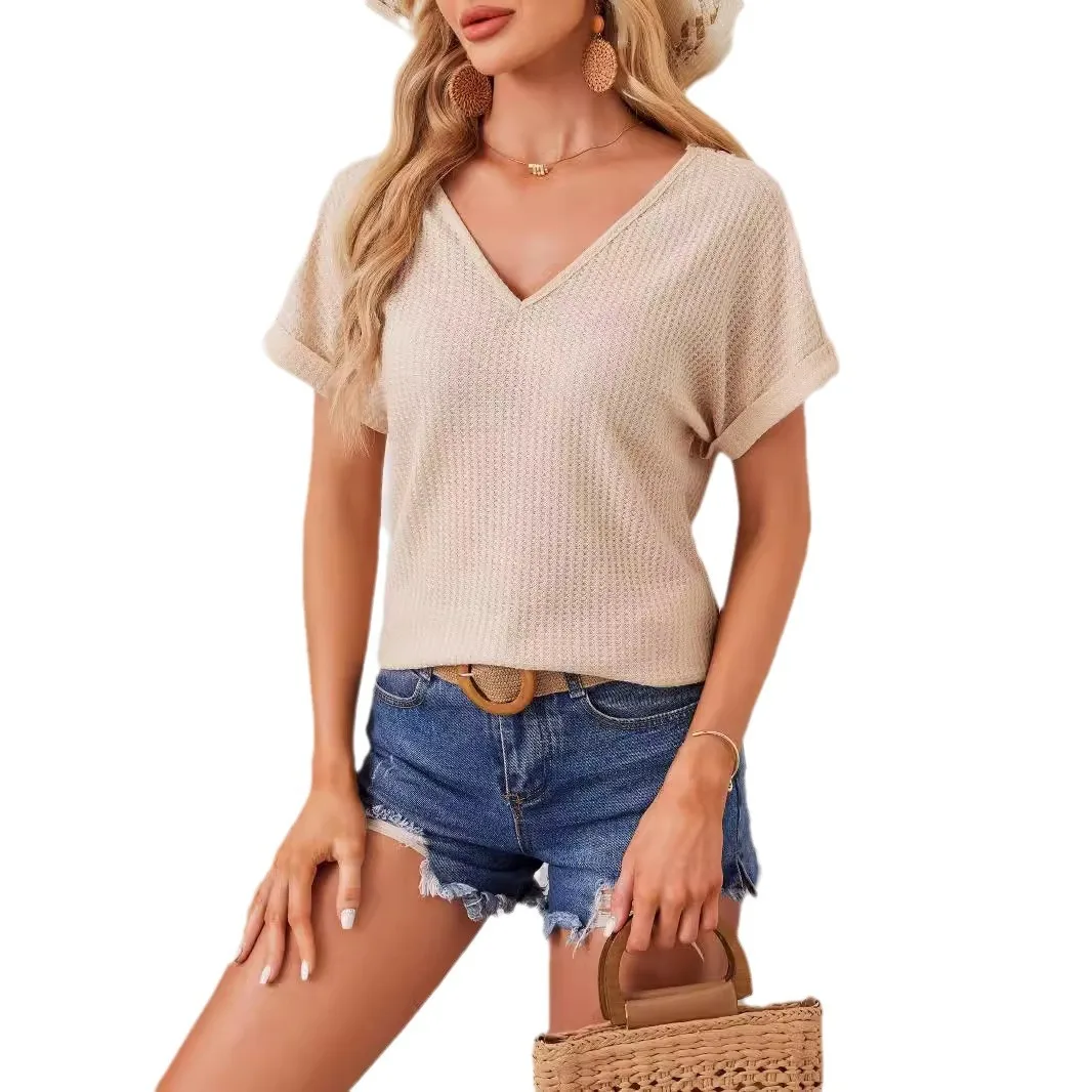 2025 New Elegant V-Neck Back Hollow Splicing Fashion Lace Bat Sleeve T-Shirt Women's Cw60670