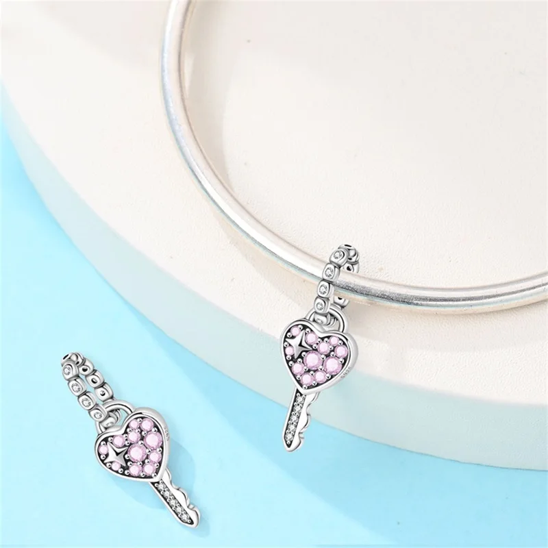 Romantic Pink Zirconium 925 Sterling Silver Lock&Key&Elephant&Bone Claw Print Pendant Fit Brand Bracelet Ladies' Jewelry