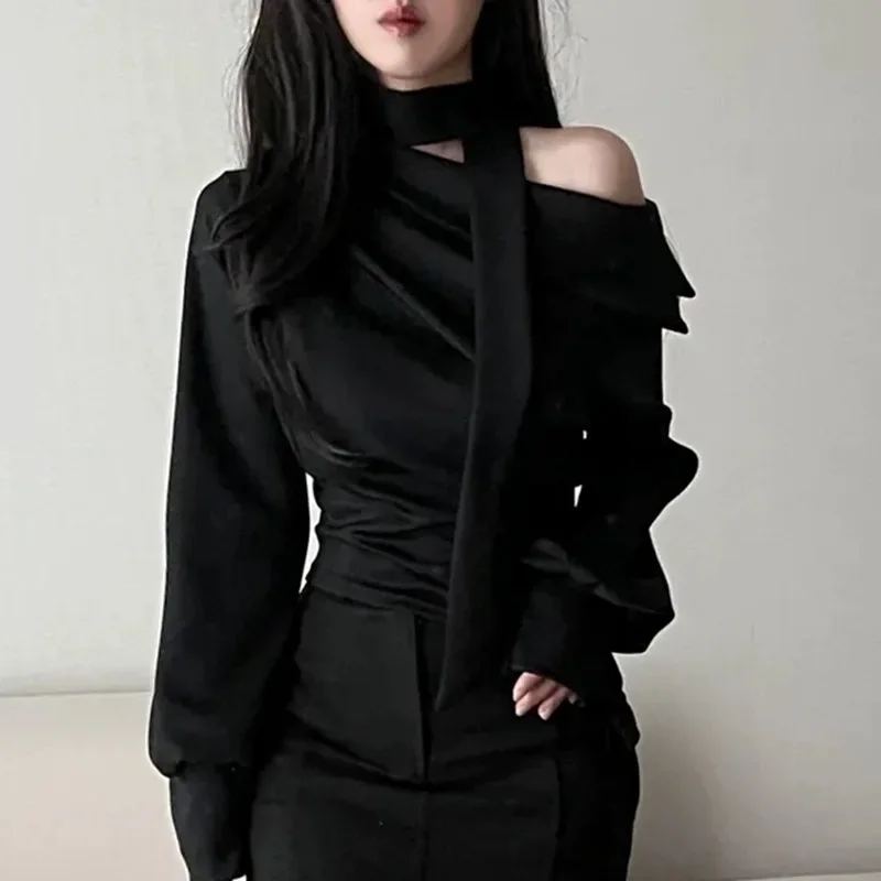 Dongdaemun الراقية يشعر أنيقة ركاب وشاح التلبيب غير المتماثلة مثير خارج على الكتف التخسيس قميص للنساء #4