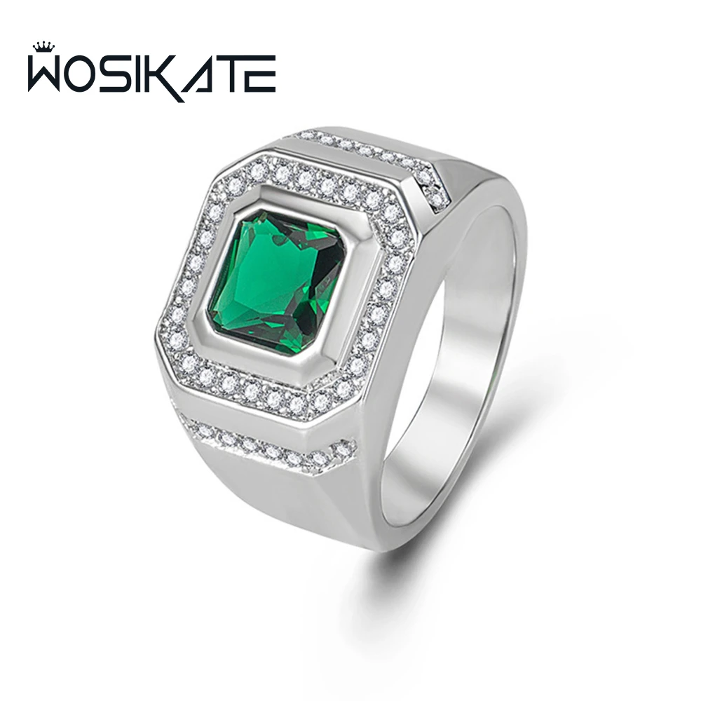 WOSIKATE Trendy Emerald Sapphire Ring For Men 925 Sterling Silver Fashion Jewellery Business Ring Anniversary Gift Size 6-10