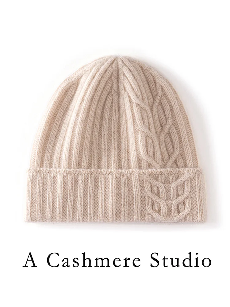 High-quality 100% High-Quality Cashmere Knitted Bonnet Winter thick Outdoor Warm Hat Leisure Rib Knitted Hat