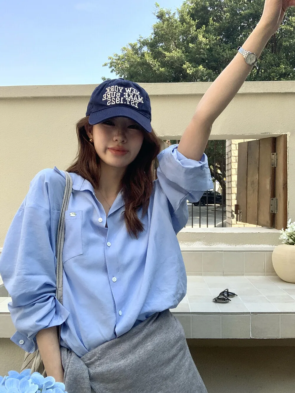 

Berlin Isle HelloKay Korean Sle Long Sve Loose Fit Women's irt Blue Slimming Top Casual Commute Faion Loose irt