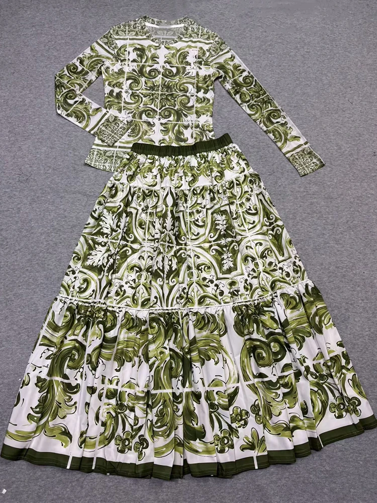 Retro blauw-wit porselein bedrukte elastische mesh top met lange mouwen dames nieuwe elastische taille grote rok mode tweedelig pak