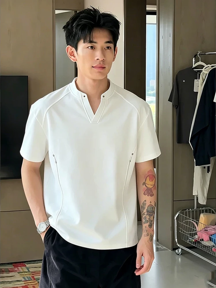 American Style Rivet V-Neck Short Sleeve Men's T-Shirt Summer High-End Feeling Deconstruction Split Mamba Cotton Heavy Half S...