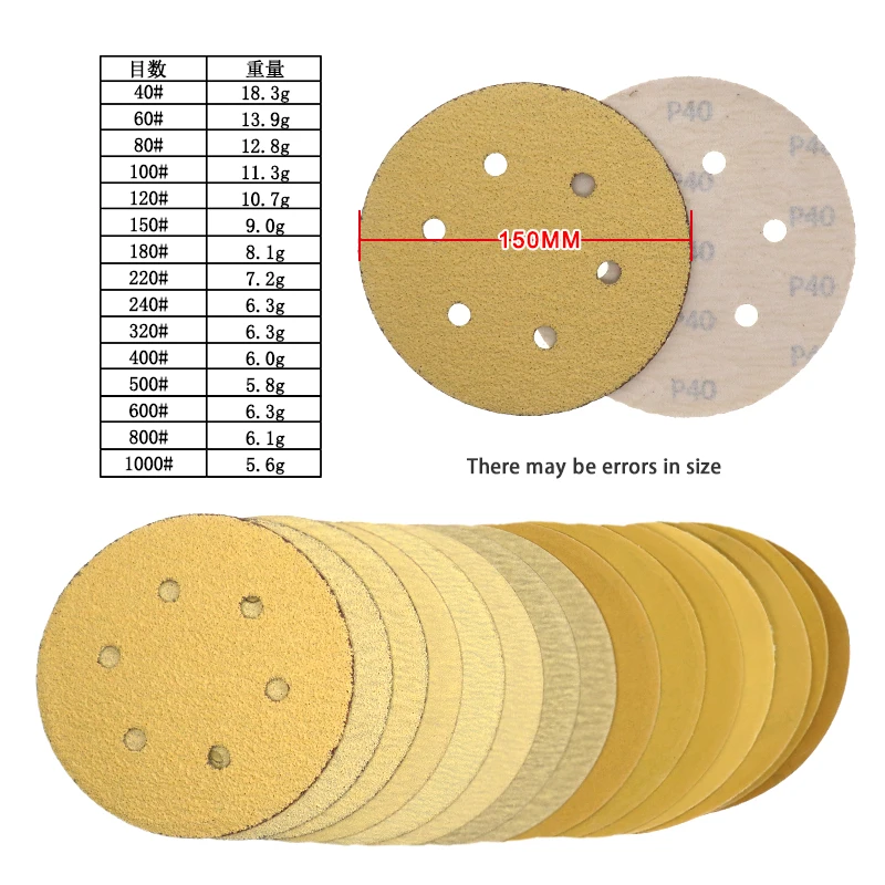 6 Inch 6 Holes Hook Loop Sanding Discs 10/30 Pcs Assorted 80-600 Grits Alumina Abrasive for Car Paint Wood Metal Polishing
