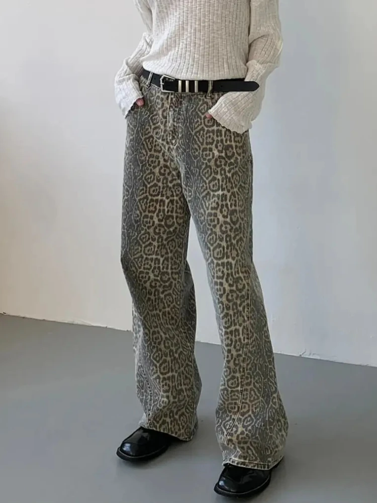 Jeans folgados com estampa de leopardo feminino, calça Y2K, streetwear retrô americano, perna larga, calça jeans vintage extragrande, calça estética