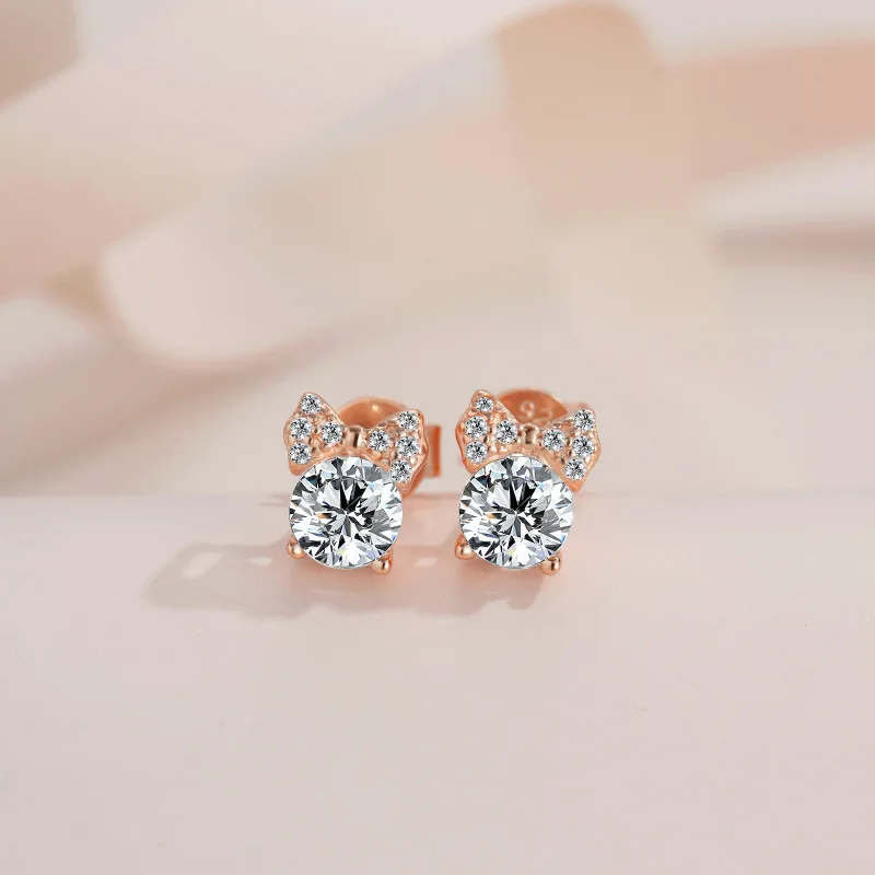 Certified Moissanite D Color Stud Earrings for Women 100% 925 Sterling Silver Bowknot Minnie Champagne Color Wedding Jewelry