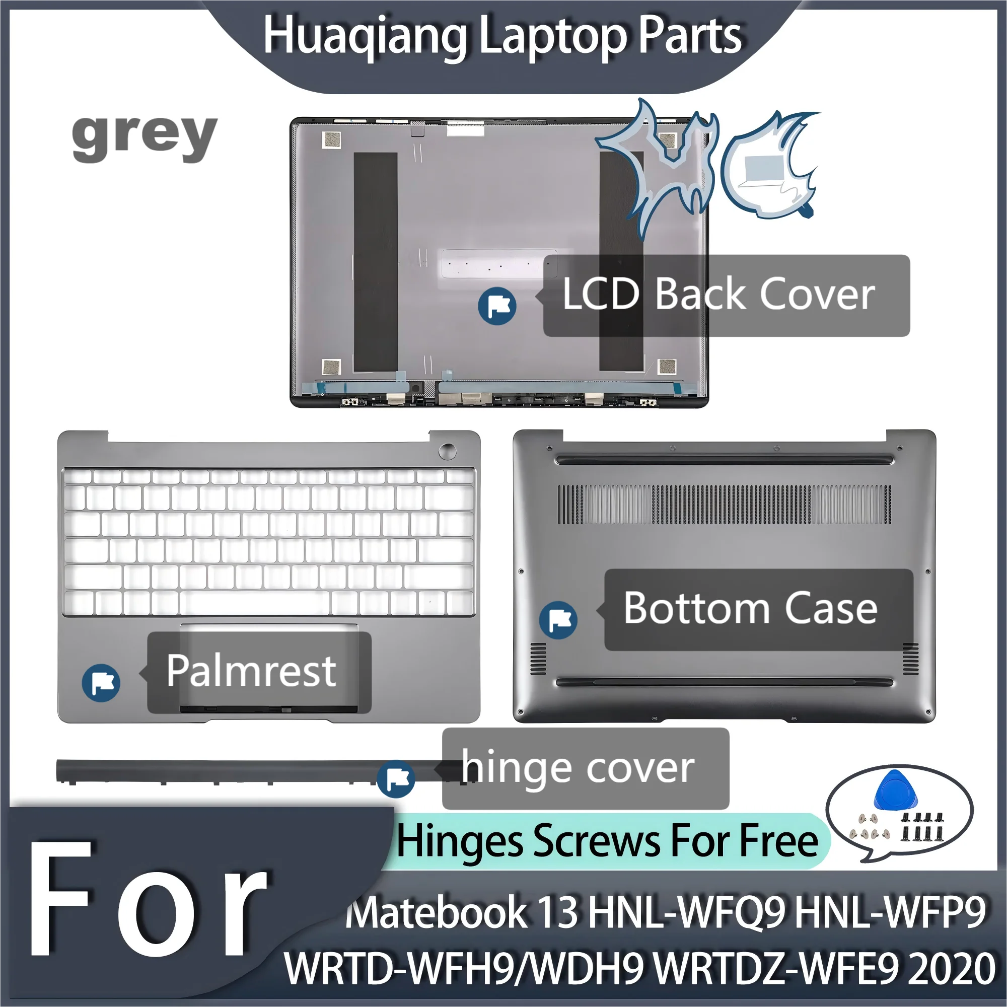 

New Metal LCD Back Cover/Hinge Cover/Palmrest/Bottom Case For MateBook 13 WRTD-WDH9 WRTD-WFQ9 WFD9 HNL-WFQ9 HNL-WFP9 Gray Parts