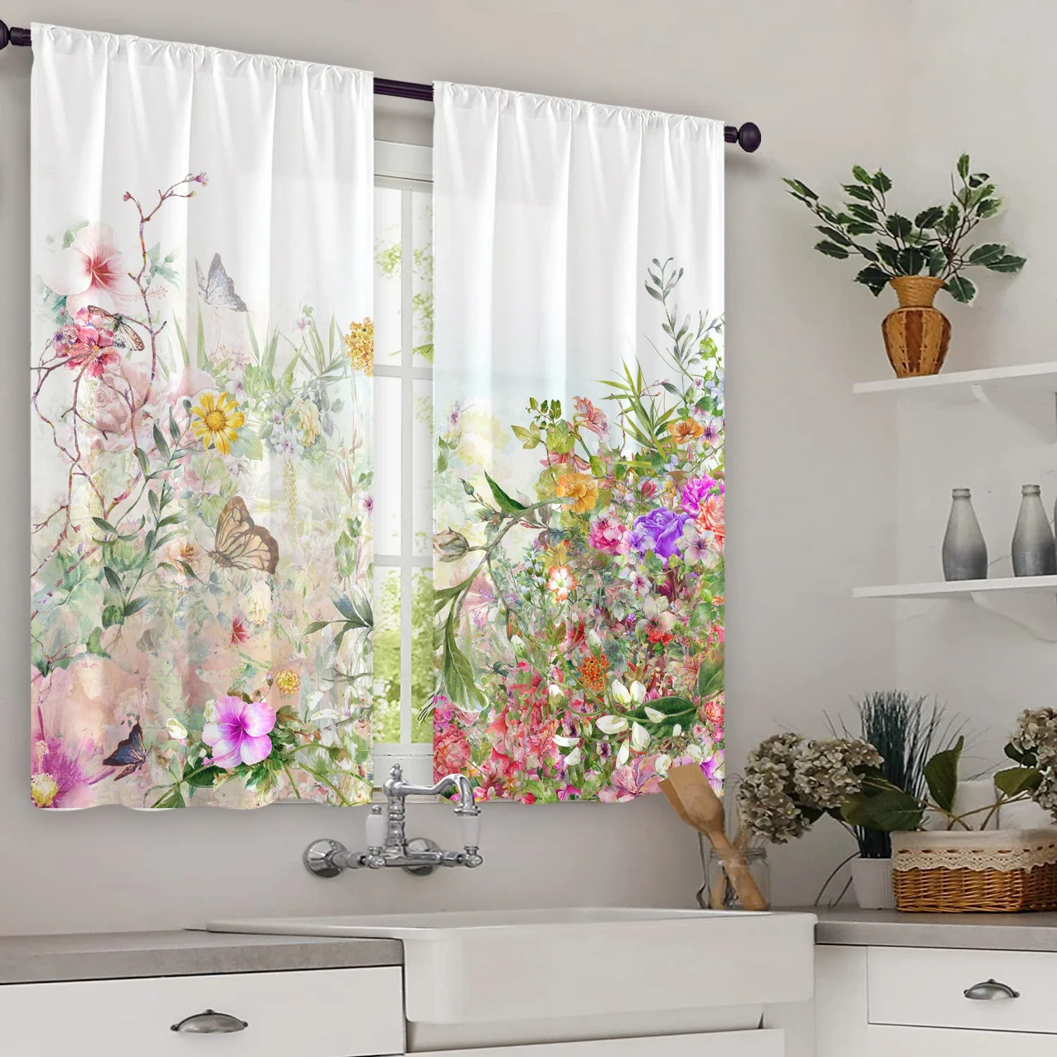 2pcs Soft and Elegant Watercolor Floral Semi-blackout Curtains Above Kitchen Sink for Home Bedroom and Living Room Shade Cloth