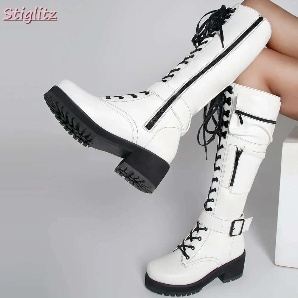 

White Packet Belt Straps Boots Solid Lace-up Low-heeled Mid-calf Boots Round Toe with Side Zipper New Shoes 2025 Women's Autumn