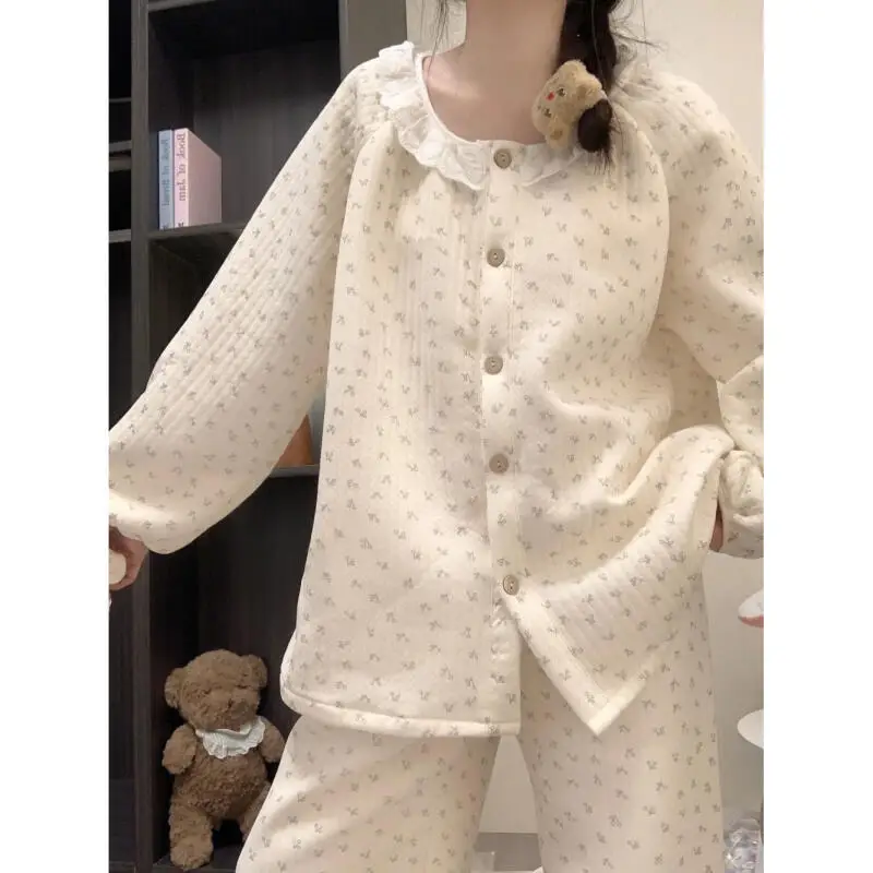 

Женские пижамы, утепленный костюм с длинными рукавами, домашняя одежда с цветочным принтом, сохраняющая тепло, домашняя одежда, пижама, которую можно носить в качестве верхней одежды, осень-зима