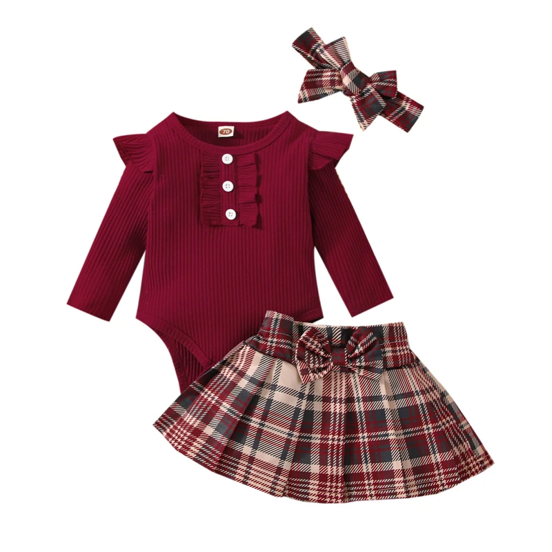 

3Pcs Newborn Infant Baby Girl Outfit Autumn Clothing Ribbed Long Sleeve Romper + Plaid Pleated Skirt + Headband Set for Toddlers