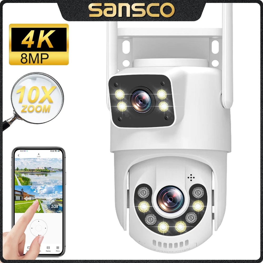 SANSCO 4K 8MP Dual Lens WIFI PTZ Camera Dual Screen AI Human Tracking Outdoor 4MP Wireless Surveillance IP Camera IPC360 Home