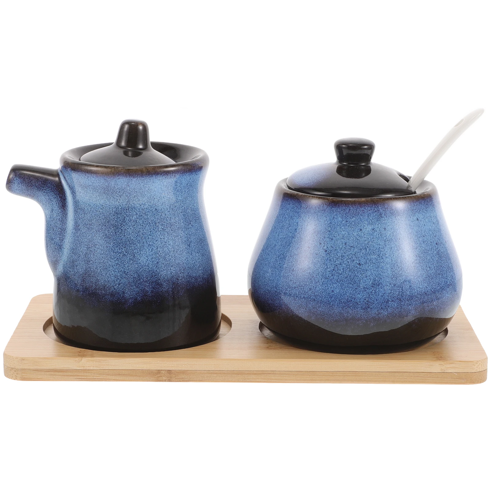 

1Set Japanese Ceramic Soy Sauce and Vinegar Pot Seasoning Bottle Porcelain Sugar Bowl Lid Spoon Wood Tray Sushi Cooking Kitchen