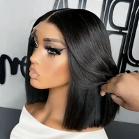 Peluca de Cabello Humano Corto y Liso, Peluca con Frente de Encaje Transparente 13x4, Densidad 200, Color Negro Natural, Pelucas de Cabello Humano Corto y Liso