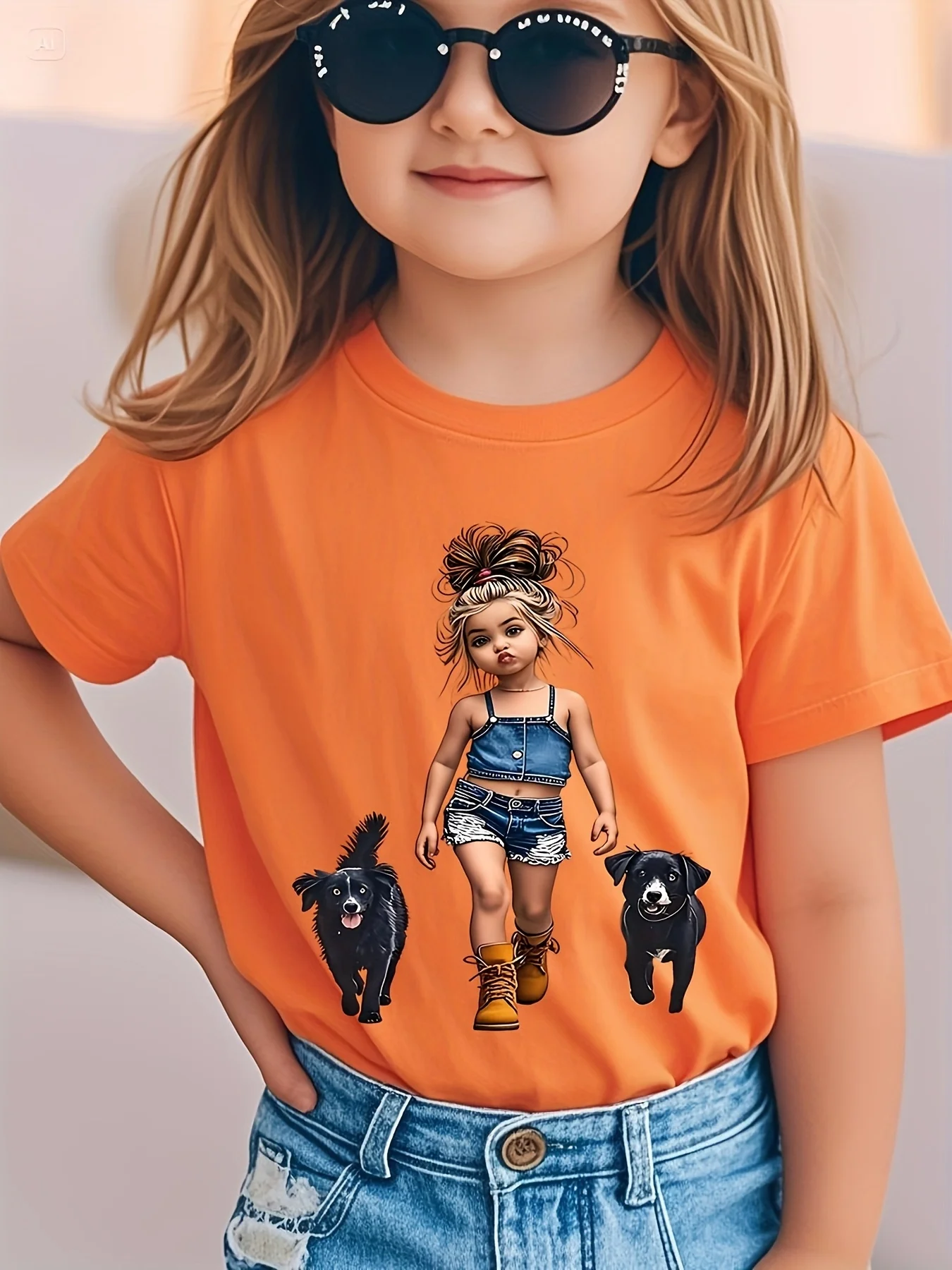 Cute Girl Walking With Dogs Print Graphic Kids Tee Boys Girls Family Matching Cotton Crew Neck Short Sleeve Soft Summer Tee
