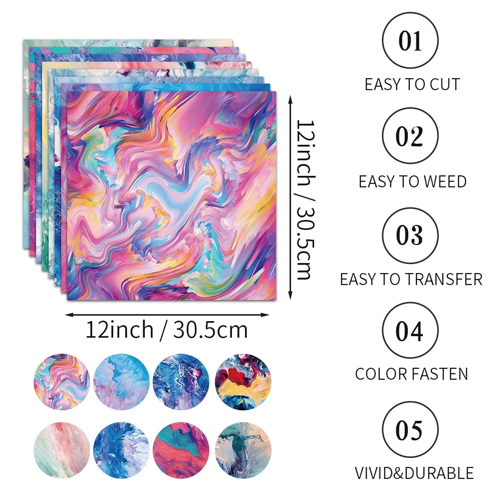WOWOCUT 8 PCS Infusible Transfer Ink Sheets 12"X12" Watercolor Splash Heat Press Transfer Sublimation Paper for T-shirts Mugs
