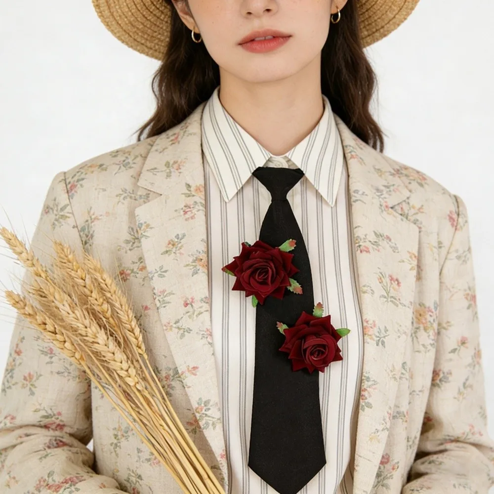 Retro Rose Flower Satin Tie Fabric Handmade Formal Suit Tie Bow College Style Uniform Shirt Suit Neckties Cravat Neck Decoration
