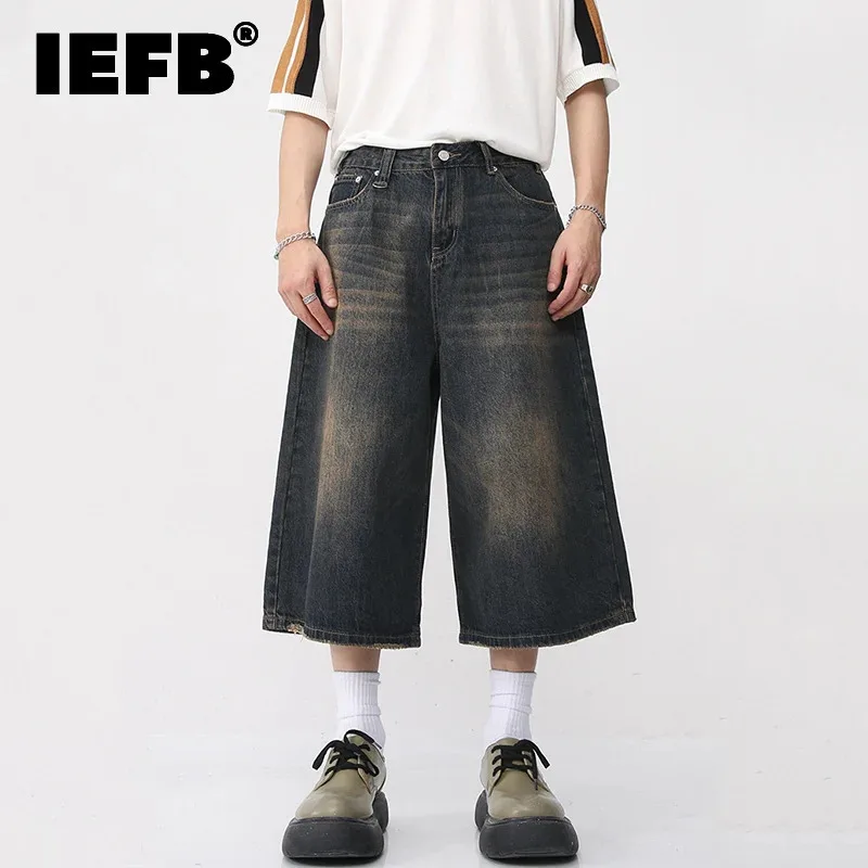 IEFB Korean Style Vintage Men's Jeans Summer Loose Male Wide Leg Knee Length Shorts New Washed Fashion Short Denim Pants 9A8825