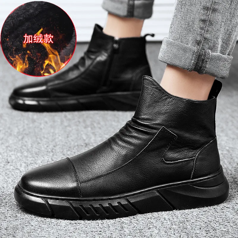 

Новые противоскользящие всесезонные мужские износостойкие противоскользящие рабочие ботинки средней высоты большого размера с флисовой теплой кожаной плоской подошвой в стиле ретро