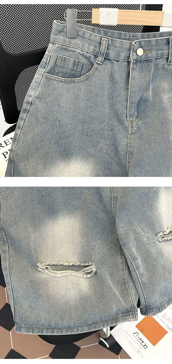 ผู้ชายห้าจุดฉีกยีนส์ฤดูร้อนบางหลวมล้างทําความสะอาดได้เก่ากางเกงขนาดกลาง