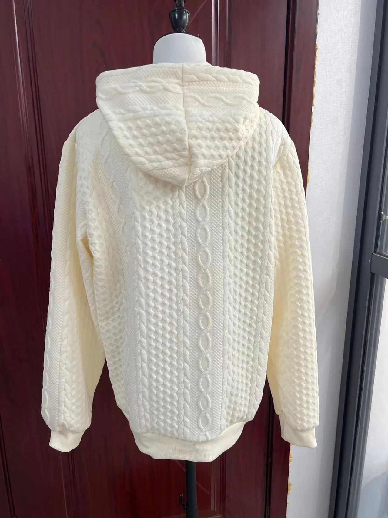 Women's Oversized Medium Weight Long Sleeve Solid Color Hoodie with Drawstring Casual Mid-Length Jacquard Women's Sweatshirt