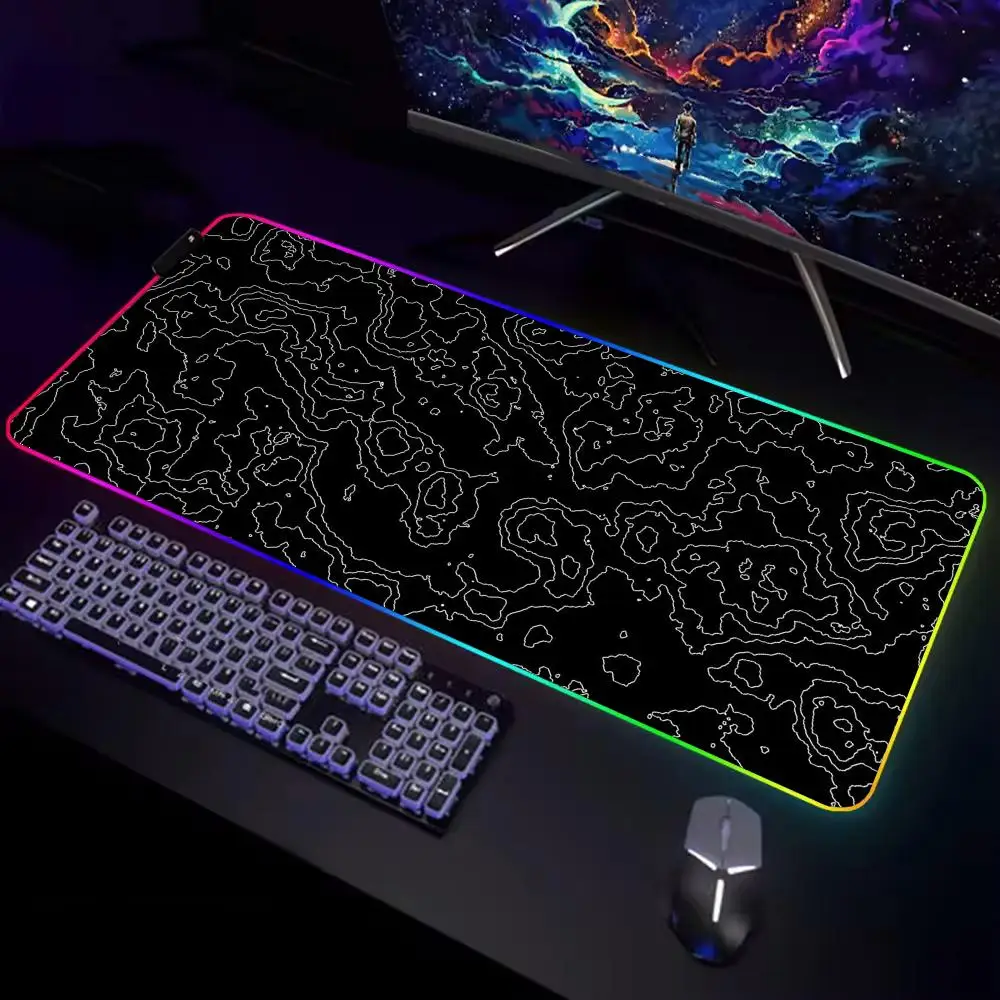 

Black & White Contour Lines Mouse Pad Gamer Rgb Desk Mat Mousepad Setup Gaming Accessories Deskmat Big Mousepepad Backlight