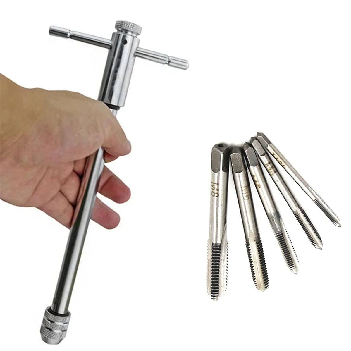 Tools Long Adjustable Silver T-Handle Ratchet Tap Wrench with 5 M3-M8 3mm-8mm Thread Metric Plug Taps