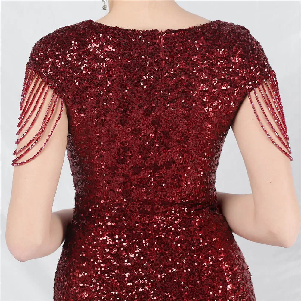 Robe de Soirée Extensible à Paillettes et Perles pour Femme, Tenue de Sirène, Trompent, Col en V, Fermeture Éclair au Dos, Longueur au Sol, Forme Formelle, Quelle que soit YE018