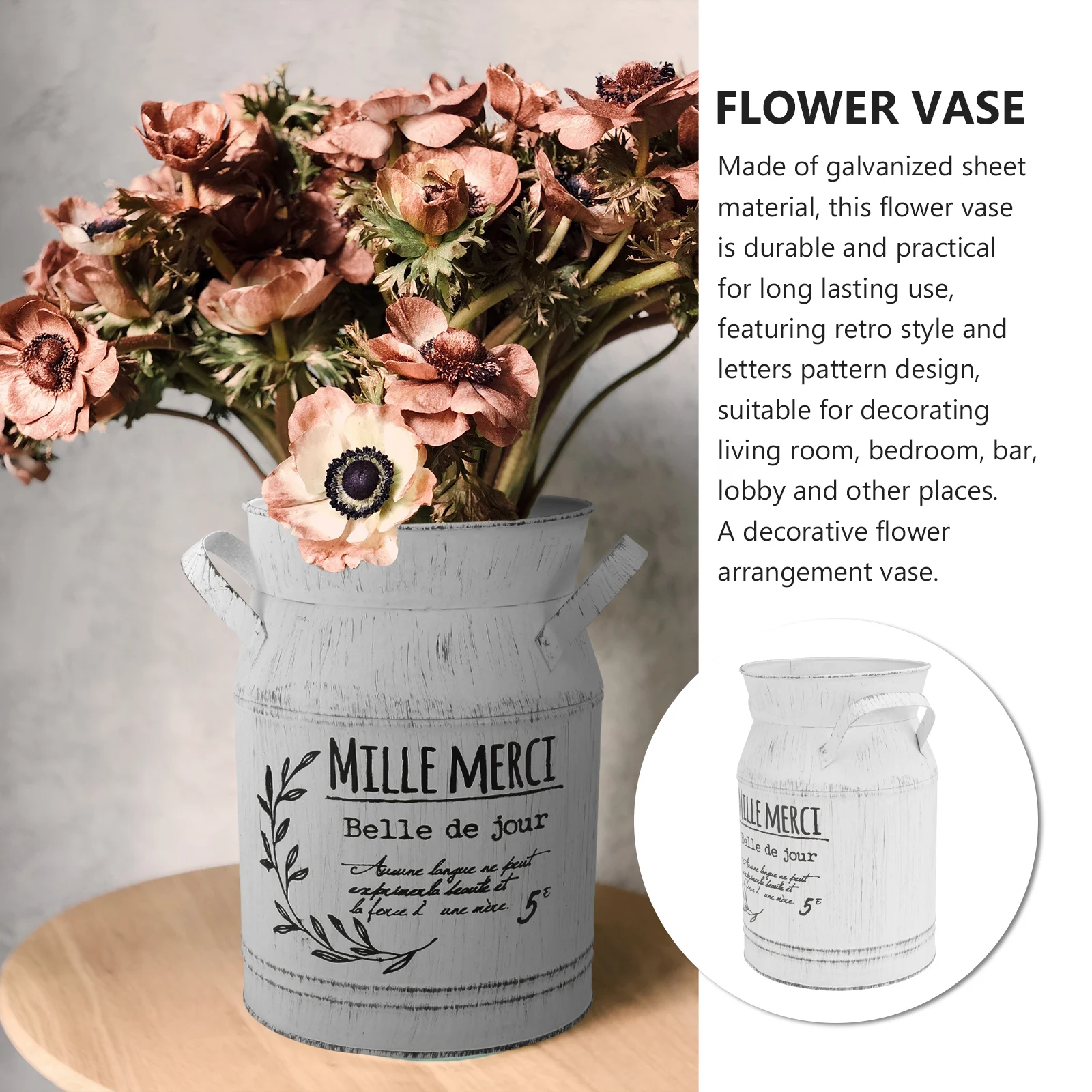 

Metal Flower Arrangement Vase for Living Room Vintage Household White Vases Decorative Desktop Ornaments Tin Bucket
