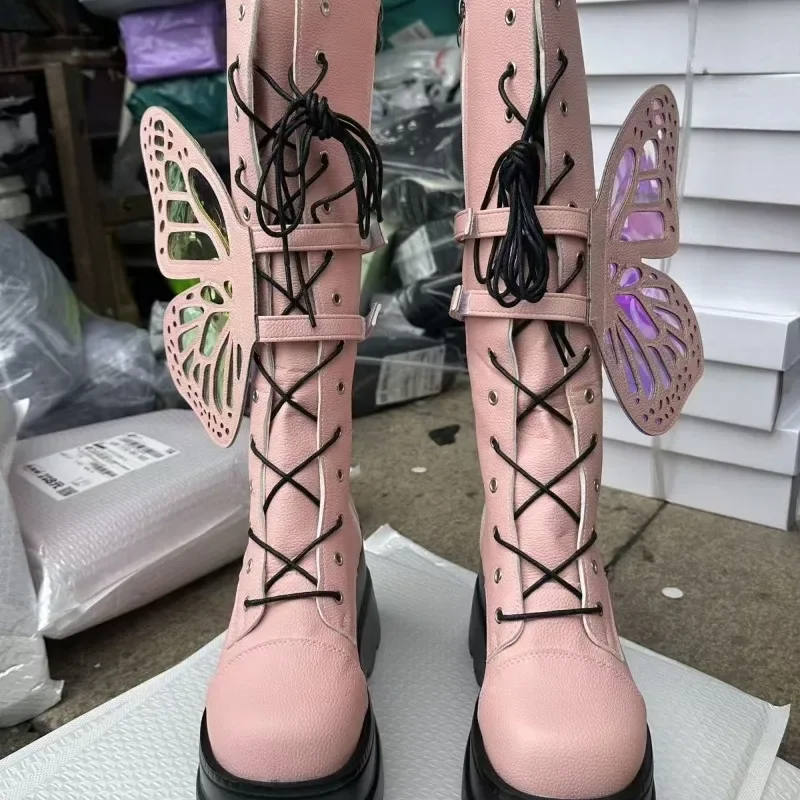 

Высокие мотоциклетные ботинки в стиле панк, розовые, черные рыцарские ботинки на толстой подошве Y2K, женская обувь Spicy Girl, готические ботинки на шнуровке