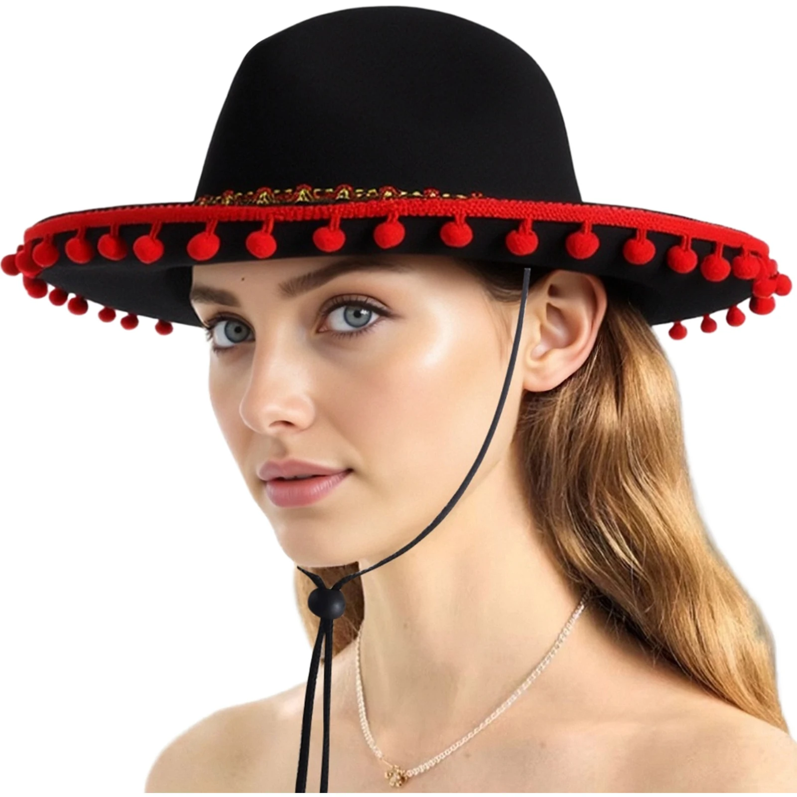 

Halloween Party Dress Up Sombrero Mexican Hat Wide Brim Felt Hat Woven Embellish Drawstring Hat Adult Summer Outdoor Sun Hat Cap