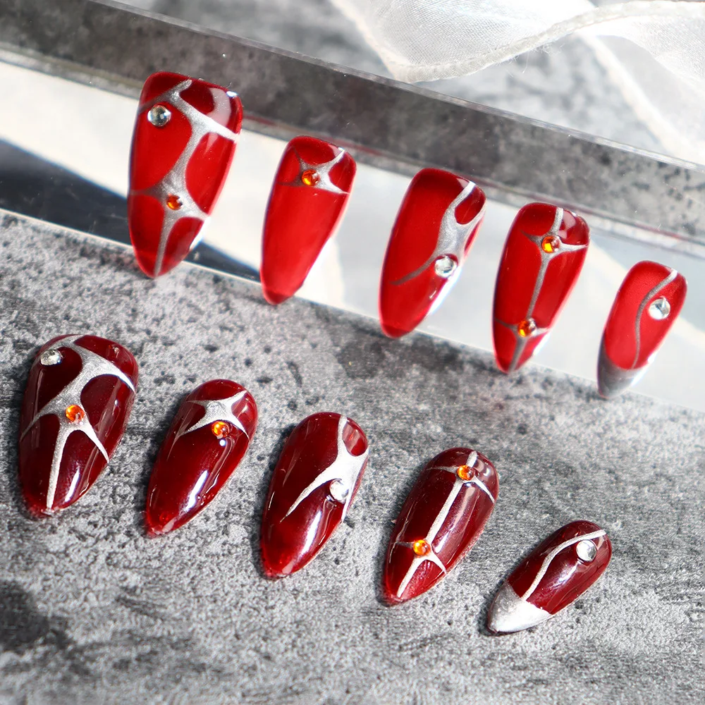 10pcs Handmade Press on Nails Y2K Almond Shaped Blood Red Wearing False Nails Halloween Hand-painted Flame Y2k Cool Fake Nails