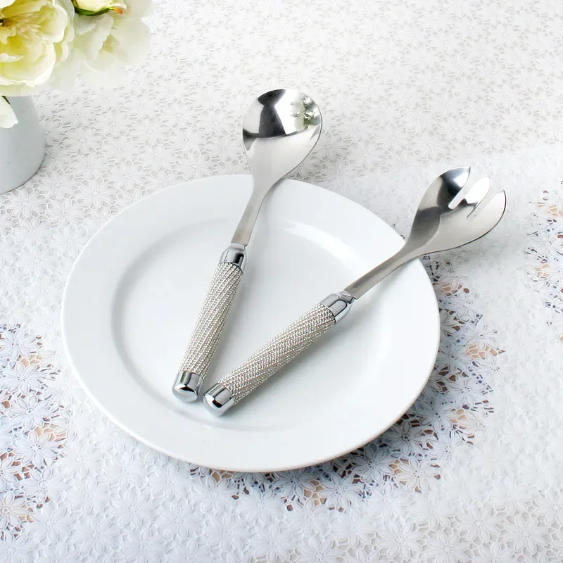 

2pcs Salad Spoons Stainless Steel Salad Fork and Spoon Crystal Rhinestone Handle Dinner Cutlery Christmas Gift Wedding Tableware