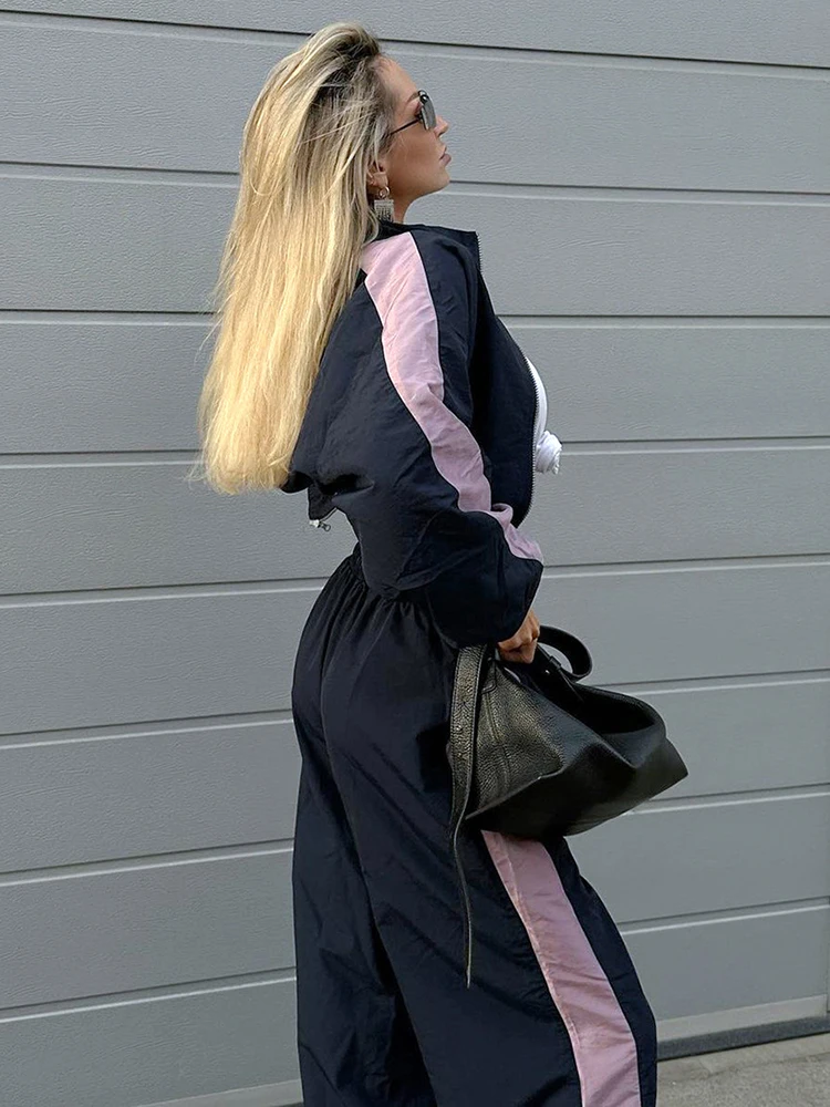 Navy Patchwork Sporty Women Outfit Autumn 2024 Zipper Long Sleeve Jackets Shirts + Wide Legs Pants Two Pieces Sets Pants Suits