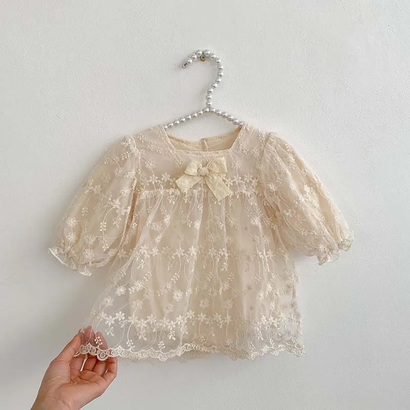 Autumn Newborn Infant Lace Mesh Bow Long Sleeve Princess Bodysuit Dress Girl Baby Sweet Cotton Embroidery Flower Fashion Dresses