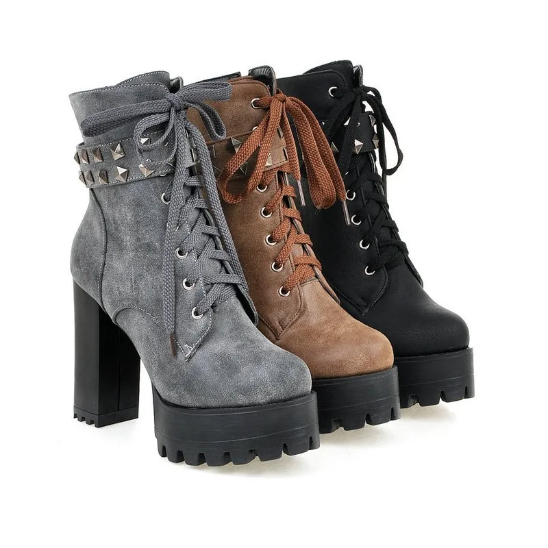 Botines de piel sintética con plataforma Punk para mujer, botas cortas con remaches de hebilla, color negro, talla grande 48