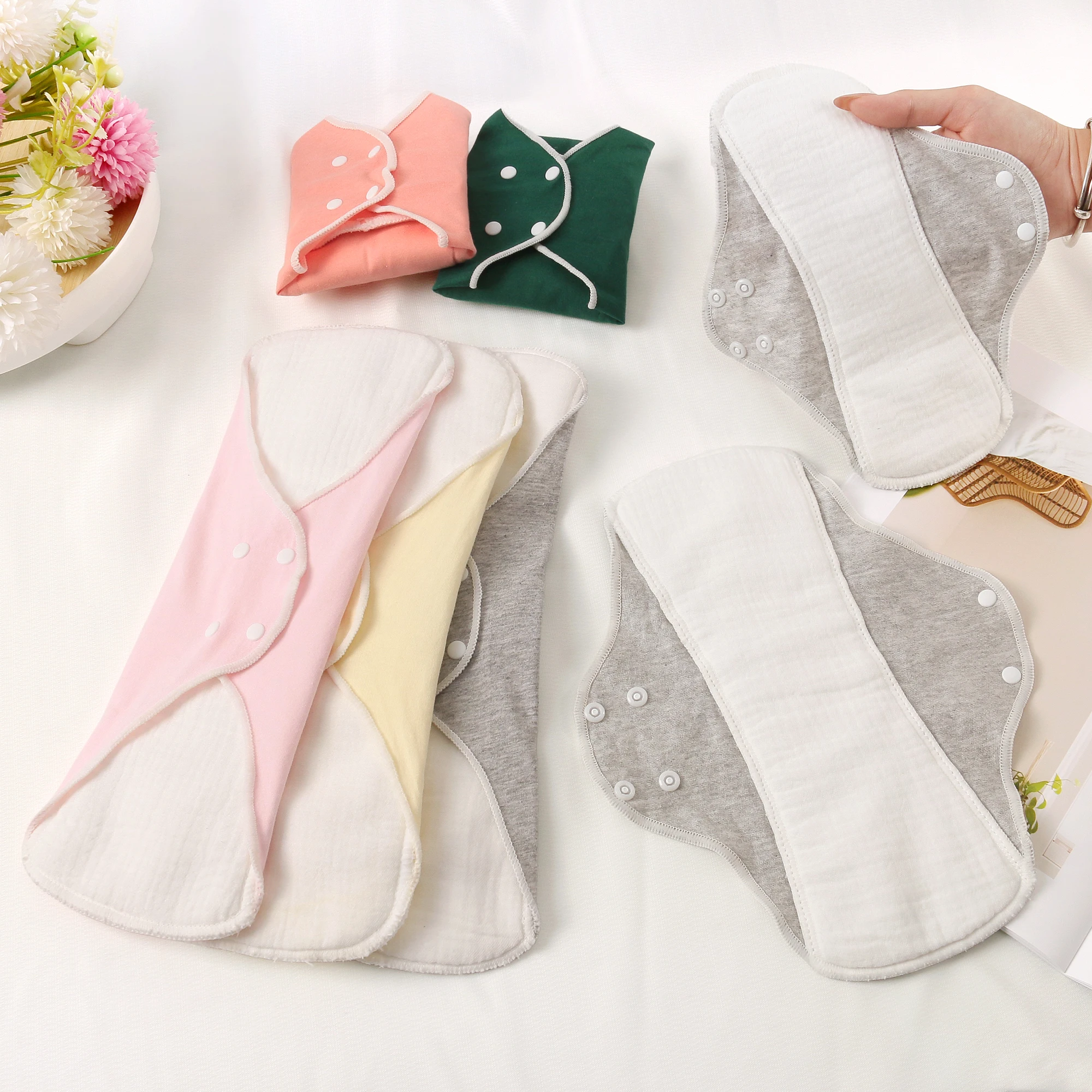 3-Layer 25x33cm Reusable Organic Cotton Menstrual Pads Microfiber Cotton Gauze Splicing Lining Plain Color Sanitary Pads Women