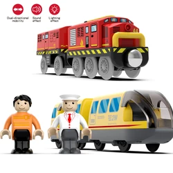 Kid Magnetische Elektrische Trein Auto Locomotief Houten Spoor Slot Diecast Spoorweg Met Twee Rijtuigen Trein Hout Speelgoed Biro Leduo Track