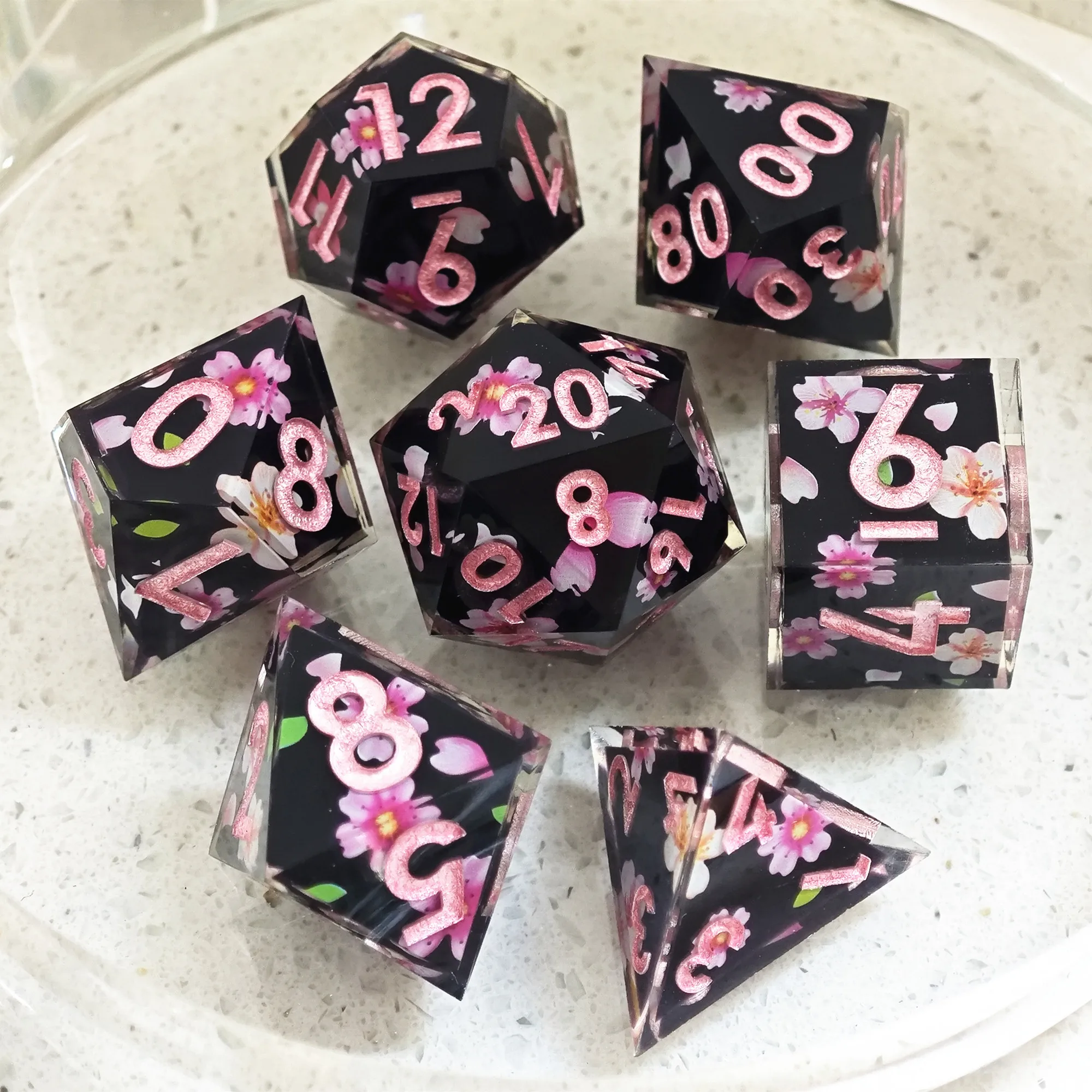 MINI PLANET Blooms Cherry Sticker Dice Set Sharp Polyhedral Resin Dice For TRPG Desktop Games Layered DND Dice Set 7pcs/set