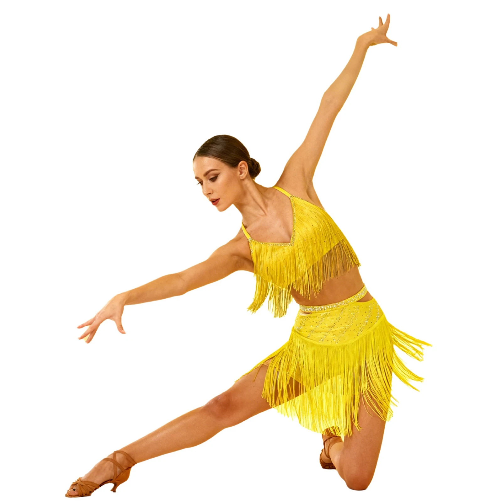 Women Latin Tango Tassel Dance Performance Outfits Sleeveless Fringe Crop Top And Elastic Waistband Skirt for Cha-cha Dance Wear