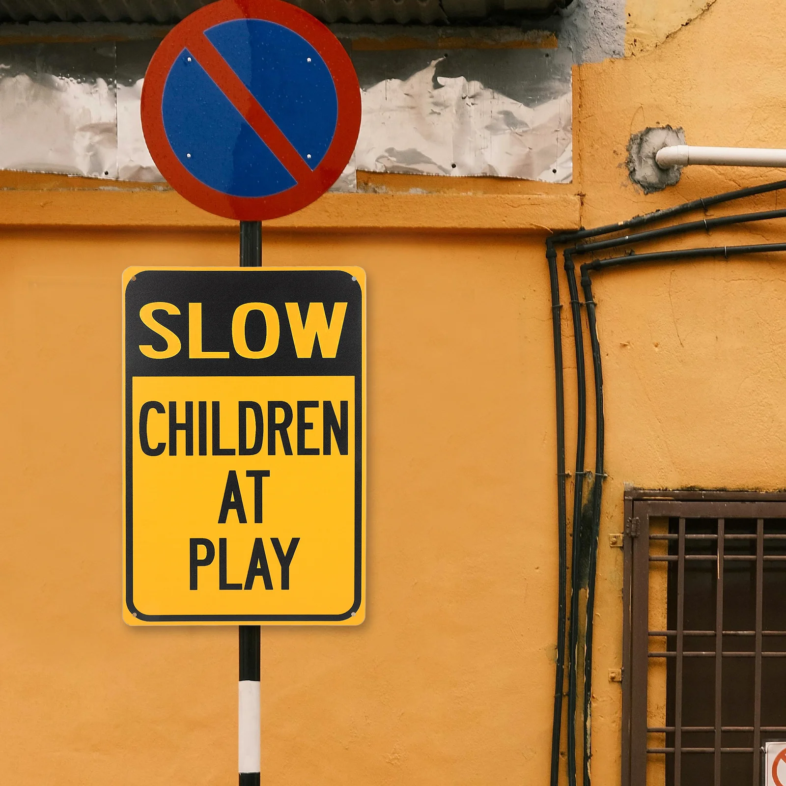 2-delige veiligheidsborden Slow Children at Play voor Street Iron Road down Kids Tips Wanddecoratie