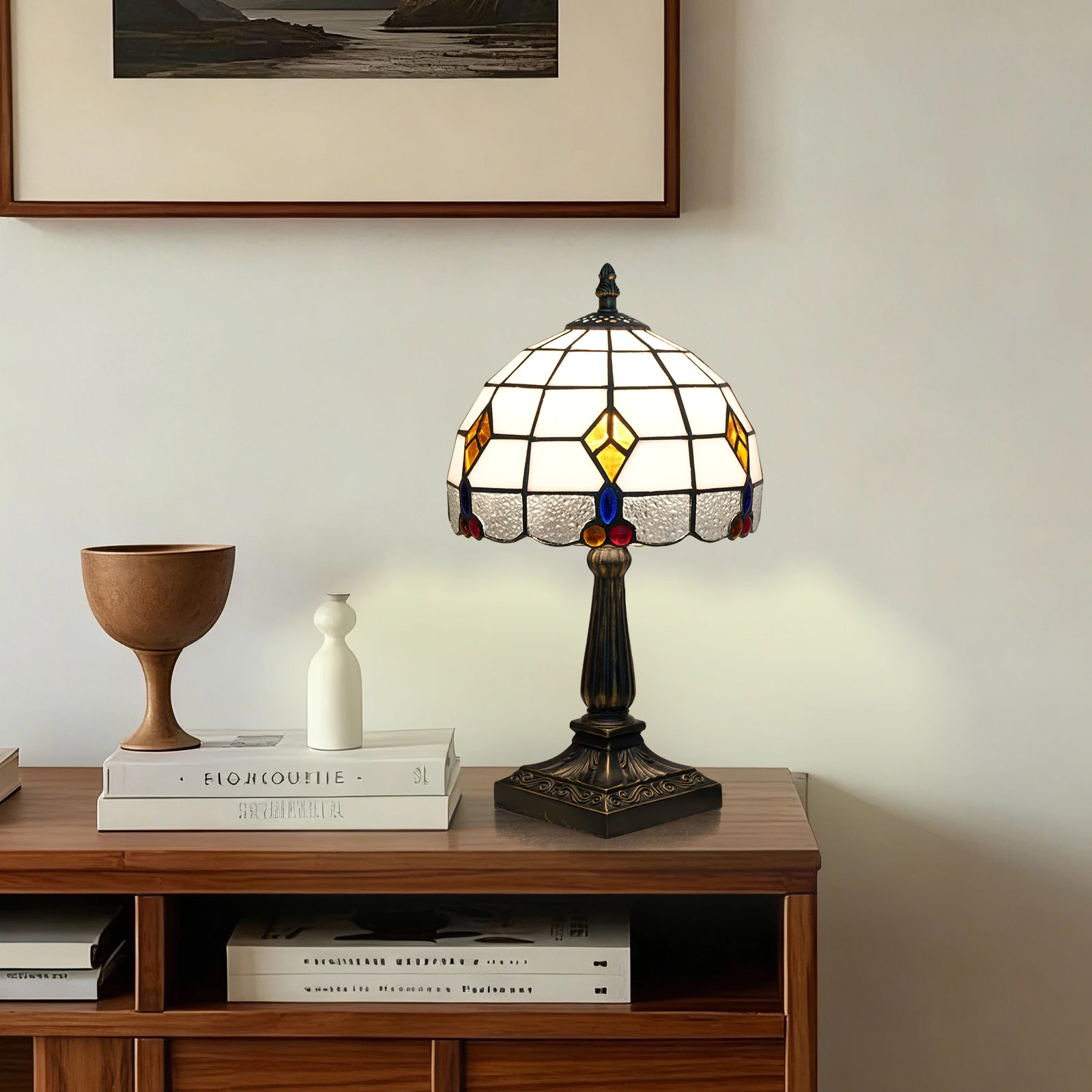 Desk Setup Vintage - مصباح تيفاني صغير من الزجاج الملون،