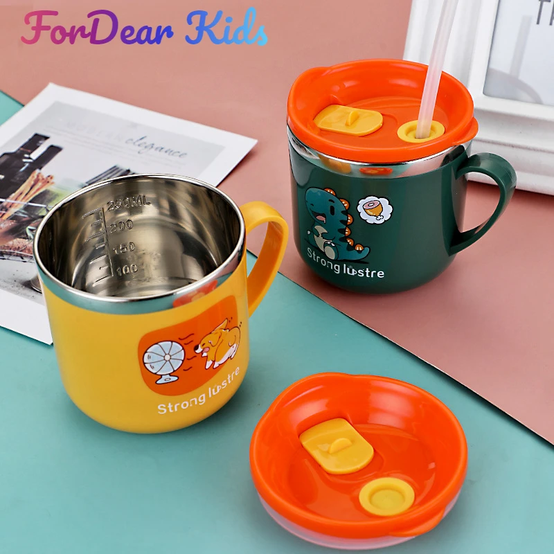 Stainless Steel Cartoon Children's Straw Drinking Cup Baby Learn To Drink Insulation Scale Milk Cup