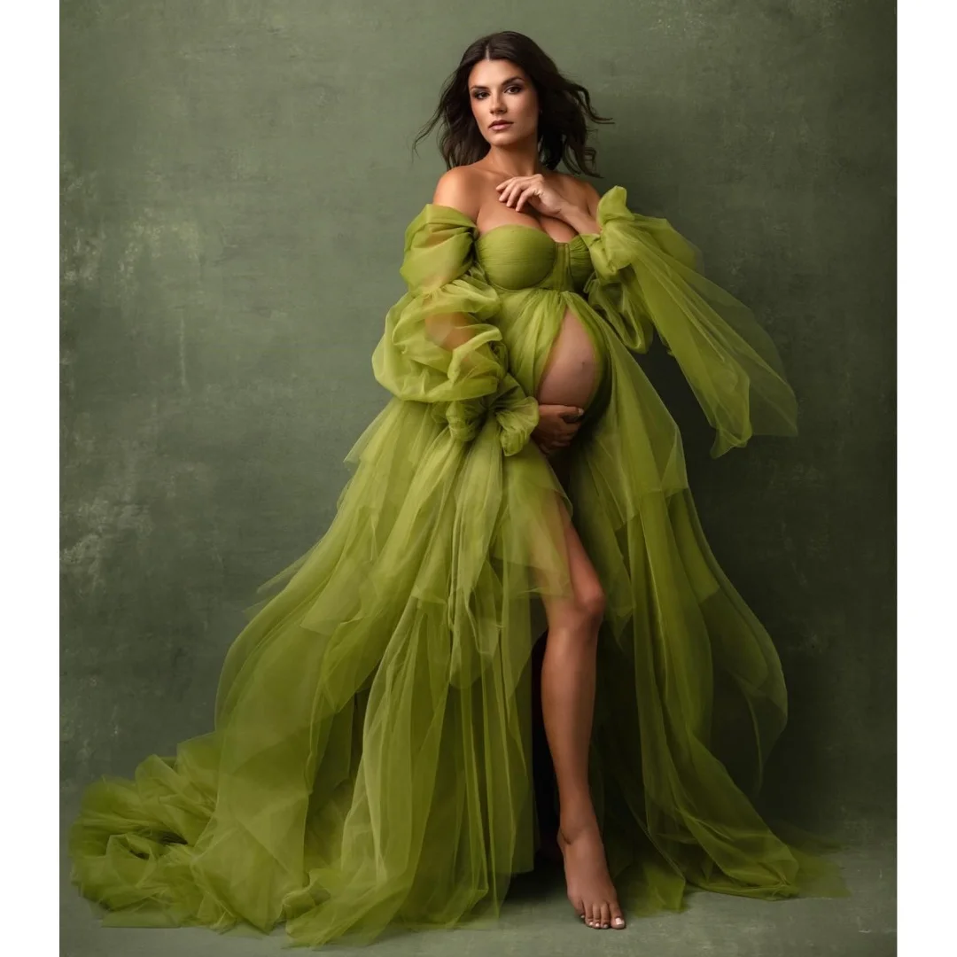 

Green Prom Dresses Off the Shoulder Maternity Photoshoot Dress with Slit Customized Long Party vestido de novia