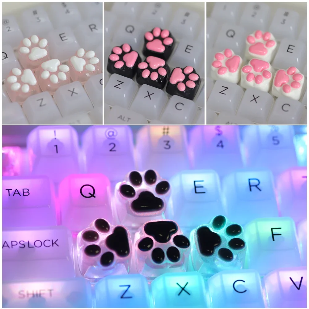 

4Pcs New Hot Sale Translucent Cat Claw Keycap Cross Axis Mechanical Keyboard Custom Cute Pink Cat Paw Keycaps Decoration DIY