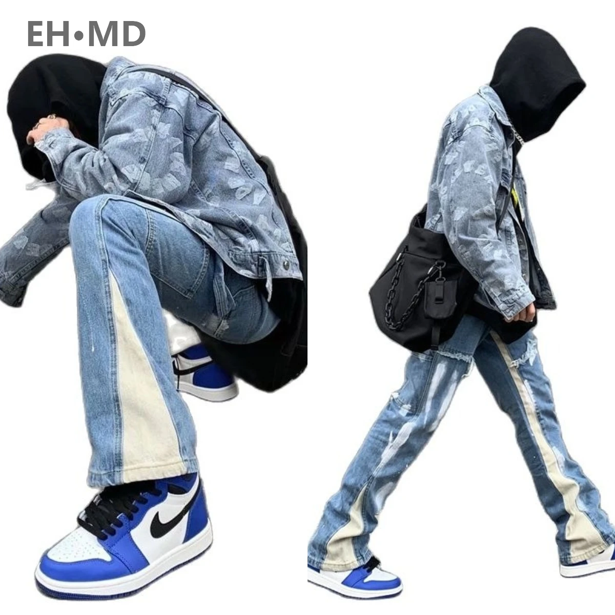 Summer Y2K Patchwork Washed Blue Baggy Flare Jeans Pants Men Clothing Straight Loose Vintage Old Denim Trousers Cotton EH·MD2024