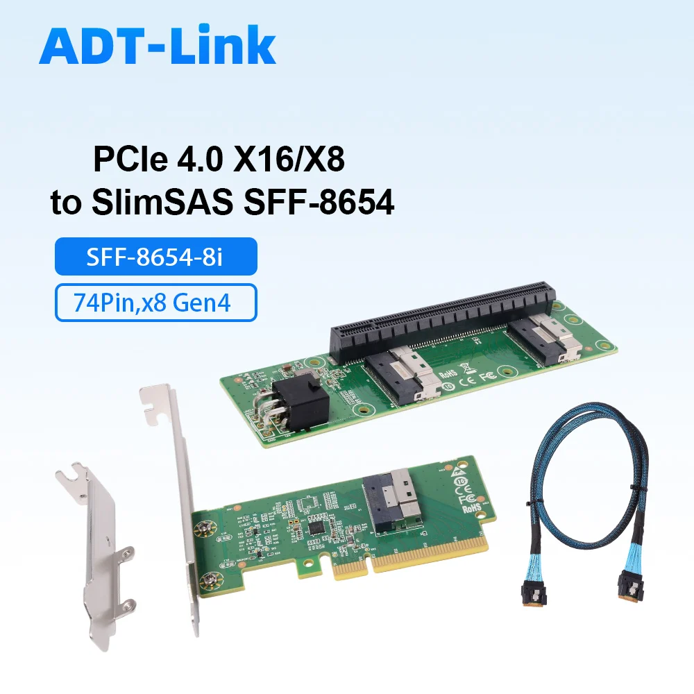

ADT-Link PCIe 4.0 X16 / X8 To SlimSAS SFF-8654 8i Adapter & Dual 2-Port SFF-8654 To PCIe X16 GPU Extension Riser Card 8654 Cable